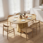 HOMCOM 43"-59" Extendable Dining Table with Storage Shelf for 4-6 - Natural-This dining table features a unique petal-shaped base adding a charming, modern rustic touch