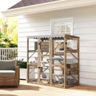 PawHut 59" H Outdoor Wooden Catio Cat Enclosure - Brown-Five platforms with two cat houses for play and rest 