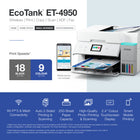 Epson EcoTank ET-4950 Wireless All-in-One Colour Supertank Printer – White-Advanced productivity features: Fast 18 black/9 colour ISO ppm print speeds with zero warmup time, an Auto Document Feeder, fax, a high-capacity 250-sheet paper tray, auto duplex printing, copying and scanning, and a 2.4" colour display for easy navigation