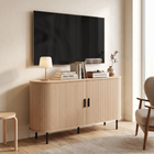 HOMCOM 55" Fluted Mid Century Sideboard Buffet Cabinet with Tambour Sliding Doors - Natural Wood-Multifunctional design works as TV stand, living room cabinet, or hallway console