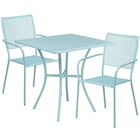 28'' Square Sky Blue Indoor-Outdoor Steel Patio Table Set with 2 Square Back Chairs [CO-28SQ-02CHR2-SKY-GG]-Set Includes Table and 2 Chairs