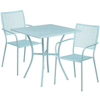 28'' Square Sky Blue Indoor-Outdoor Steel Patio Table Set with 2 Square Back Chairs [CO-28SQ-02CHR2-SKY-GG]-Set Includes Table and 2 Chairs