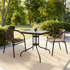 Flash Furniture 28" Square Glass Metal Table with Dark Brown Rattan Edging & 2 Dark Brown Rattan Stack Chairs-Designed for Indoor and Outdoor Use