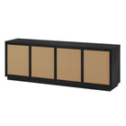 Hudson&Canal Pryce TV Stand for TV's up to 78" - Black Grain/Natural Rattan-The top has a weight capacity of 75 lbs, middle shelf supports 25 lbs and bottom shelf can hold 50 lbs