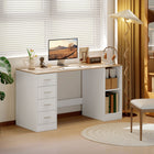 HOMCOM 55.1" Computer Desk with Drawers - White Wood Grain-Drawers can be installed left or right for flexible layouts to perfectly fit your space