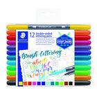 Staedtler Double-Ended Lettering Pens - Assorted Colours - 12 Pack-One pen – two tips, flexible brush and thin tip