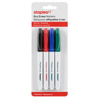 Staples Fine Tip Dry-Erase Markers - Assorted Colours - 4 Pack-Perfect for use on white marker boards, glass, and other nonporous materials
