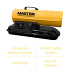 Master 80,000BTU Battery Kerosene Diesel Air Heater - Yellow-Unique air pressure gauge, easy-lift handles, fuel gauge, and 5-Point Safety System