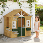 Qaba Outdoor Kids Wooden Playhouse with Working Door, 3 Windows and 2 Flower Boxes - Brown-Includes two flower boxes, encouraging kids to plant and learn responsibility