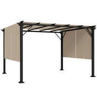 Outsunny 10 ft W x 12 ft L Retractable Pergola Canopy - Light Brown-UV resistant polyester canopy roof blocks most harmful rays