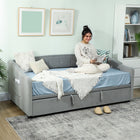 HOMCOM Twin Size Upholstered Trundle Daybed with Storage Pockets - Light Grey-Side storage pockets keep books and remotes within easy reach