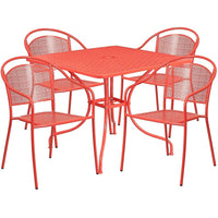 35.5'' Square Coral Indoor-Outdoor Steel Patio Table Set with 4 Round Back Chairs [CO-35SQ-03CHR4-RED-GG]-Set Includes Table and 4 Chairs