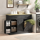 HOMCOM Farmhouse Sideboard Cabinet with Charging Station & Hidden Garbage Storage - Black-Four door racks with guardrails hold spices neatly