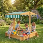 Outsunny Kids Wooden Sandbox with Cover, Adjustable Canopy, Seats - 47" x 47" x 47" - Light Brown-Holds up to 670 lbs (304 kg) of sand
