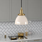Hudson&Canal Madison 8" Wide Pendant with Metal Shade - Pearled White/Brass/Pearled White-Handcrafted pearled white and brass finish is applied to the round metal base