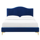 Modway Juniper Channel Tufted Performance Velvet Full Platform Bed with Gold Metal Legs - Navy-Channel Tufted Headboard