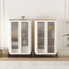 Manhattan Comfort Abbey 31.5" Modern Décor Cabinet - Maple and Off White - Set of 2-Includes 2 Ribbed Tempered Glass Soft Close Doors with 4 Adjustable Shelf Spaces