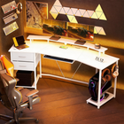 HOMCOM 79" Industrial Gaming Desk with RGB Lights and USB Ports - White-Expansive curved desktop provides ample room for multiple monitors for immersion