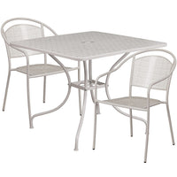 35.5'' Square Light Grey Indoor-Outdoor Steel Patio Table Set with 2 Round Back Chairs [CO-35SQ-03CHR2-SIL-GG]-Set Includes Table and 2 Chairs