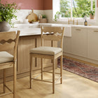 Modway Jax Oak Wood Counter Stool With Wavy Razor Back and Cushion - Weathered Oak Linen-Fabric Seat Cushion