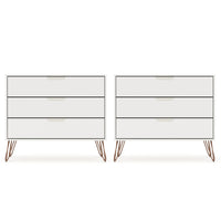Manhattan Comfort Rockefeller 35.24" Mid-Century Modern 3-Drawer Dresser 2-Piece Set - White-Mid-Century Modern Dresser for Bedroom Use. Set of 2.