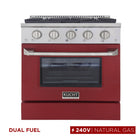 Kucht 30" KDF Series Pro Style Natural Gas Dual Fuel Range - Stainless Steel/Red-Dual bake elements deliver powerful performance: 3,000 watts (base) and 850 watts (top), with a 3,500-watt broiler for intense top heat