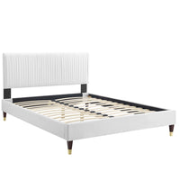 Modway Peyton Performance Velvet Full Platform Bed with Wood Legs and Gold Metal Sleeves - White-Channel Tufted Full Platform Bed