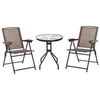 Outsunny Folding Patio Bistro Set with Reclining Chairs and Round Table - Brown-Foldable chairs with adjustable backrest, sling fabric seat and curved armrests for optimal comfort 