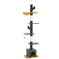 PawHut 90.5" - 108" Floor-To-Ceiling Cat Tree - Dark Grey-90.5"-108.3" (230-275cm) adjustable height maximizes vertical space usage 