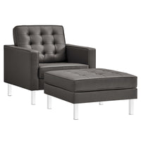 Modway Loft Tufted Vegan Leather Armchair and Ottoman Set - Silver Grey-Mid-Century Armchair and Ottoman Set