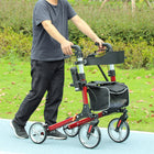 HOMCOM Folding Rollator Walker with Large Seat, Backrest and Bag - Red-Easily folds fully or half-folds in minutes for quick storage or transport 