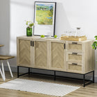 HOMCOM 61.4" L Sideboard Buffet Cabinet with 3 Drawers - Oak-Equipped with adjustable shelves to accommodate items of various heights