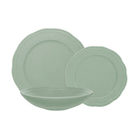 Casa Domani Florence 12-Piece Dinner Set - Sage-Made of Porcelain featuring a delicate embossed pattern on scalloped profile.
