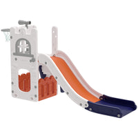 Qaba 5-in-1 Kids Slide with Basketball Hoop, Climber, Telescope and Storage Basket - Orange-5-in-1 design offers slide, hoop, telescope, storage basket and climber 