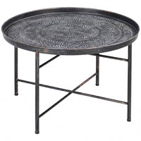 HOMCOM 24" Round Coffee Table with Hammered Tray Top Metal - Pewter-Elegant Boho aesthetic enhances home decor with luxurious charm