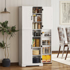 HOMCOM 64" H Pantry Cabinet with Adjustable Shelves - White-Farmhouse style with arched doors and beadboard details enhances your home decor 