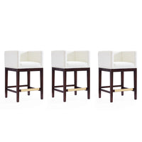 Manhattan Comfort Kingsley 21" Mid-Century Modern Faux Leather Upholstered Counter Stool - Ivory and Dark Walnut - 3 Pack-Mid-Century Modern Counter Stool with Backseat Perfect for Bar and Kitchen Use. Set of 3