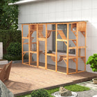 PawHut 74" H Large Outdoor Catio with Cat Condos, Platforms and Ladders - Orange-Combines cat shelves, bridges, ramps, sleeping boxes, and scratchers 