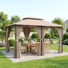 Outsunny 10 ft W x 13 ft L Patio Gazebo - Outdoor 2-Tiers Garden Canopy - Khaki-Removable zippered curtains adjust for private space or airy place