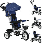 Qaba 6-in-1 Toddler Tricycle with Parent Push Handle and Cupholder - Dark Blue-6-in-1 Trick offers multiple riding options: stroller, steering trike, learning-to-ride trike, and classic trike 