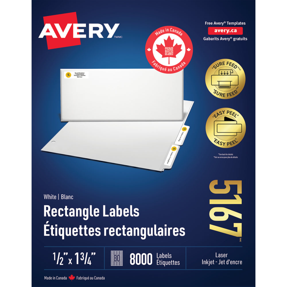 Avery White Rectangle Labels with Easy Peel, 1/2