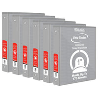 BAZIC Products 1" 3-Ring View Binder with 2 Pockets - Grey - 6 Pack-Hard Vinyl Cover