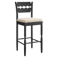 Modway Jax Oak Wood Bar Stool With Wavy Razor Back and Cushion - Black Oatmeal Stripe-Solid Oak Bar Stool