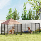 PawHut Outdoor Dog Kennel with Adjustable Height Rotating Bowls - 11.3' x 4.7' x 5.1' - Coffee-Plastic-coated fabric shields from water and sun damage 