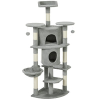 PawHut 62" H Multi-Level Cat Tree with Two Cat Condos - Light Grey-Includes condos, a hammock, and perches, fulfilling all play and rest needs 