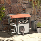 PawHut Outdoor Cat House with Asphalt Roof, Stairs and Balcony - White-Elevated design, keep dry and promote air circulation 