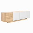 Nexera Riva TV Stand - 72" - Natural Maple/White-High-Quality Melamine Construction: Crafted from premium melamine, our TV standnot only exudes style but also guarantees long-lasting durability, ensuring a piece thatstands the test of time