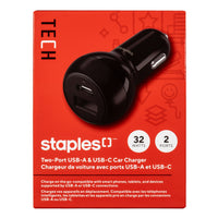Staples USB-A/USB-C Car Charger - 32W - Black-32W PD (Power Delivery) universal 2-port USB car charger with one 20W USB-C port and one 12W USB-A port