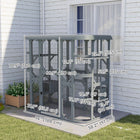 PawHut 71" H Outdoor Wooden Catio Cat House Enclosure with 2 Condos - Grey-Give your cats a breezy outdoor spot to relax, DIY for window setup. 