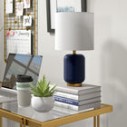 Hudson&Canal Lambert 15" Tall Ceramic Table Lamp with Fabric Shade - Matte Navy/White-Handcrafted matte navy finish is applied to the round ceramic and metal base